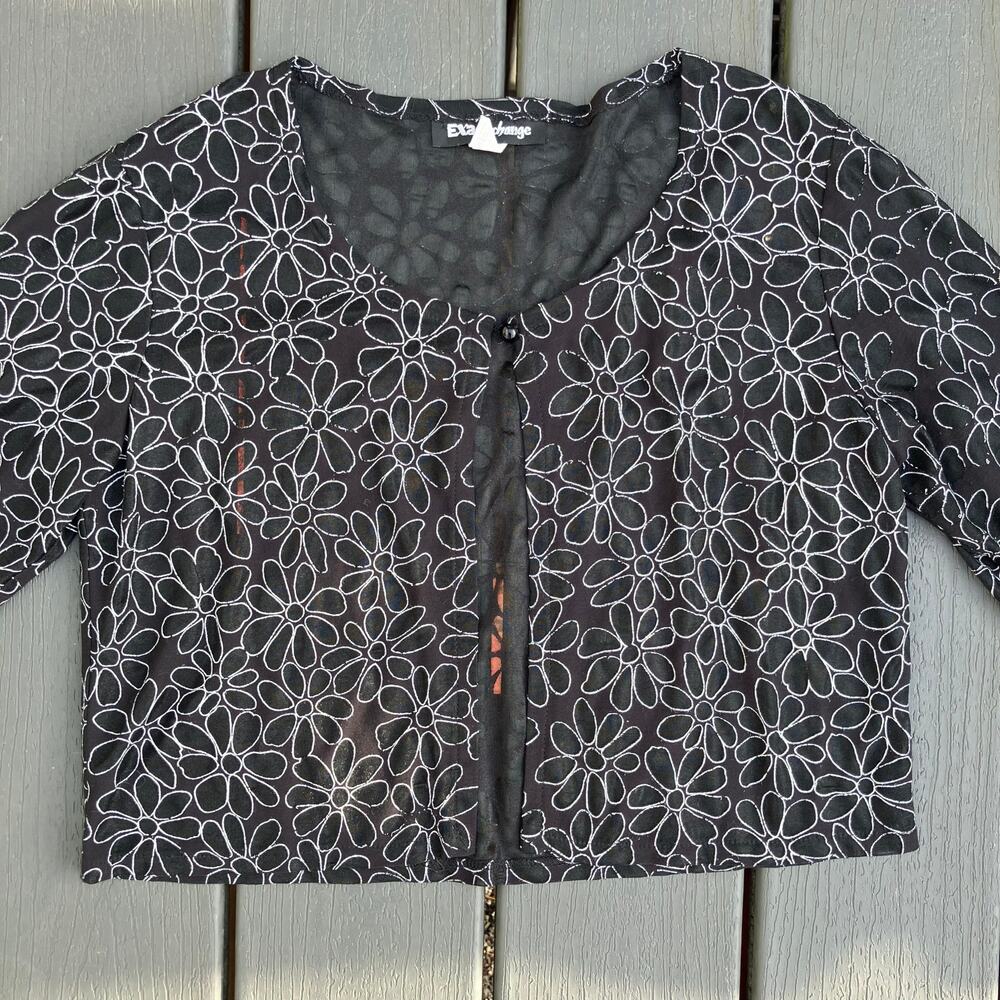 Vintage sheer black floral cropped cardigan, whimsigoth boho chic Y2K fairycore